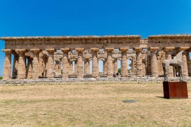 Capaccio Paestum - Kampanien - Italien - 07-06-2025: Muazzam taş sütunları ve korunmuş harabeleri olan Antik Doric tapınağı, Paestum 'da mavi gökyüzünün altında bir at heykeliyle görülüyor.