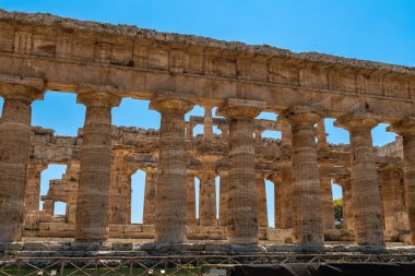 Capaccio Paestum - Kampanien - Italien - 07-06-2025: Paestum 'daki Neptün Tapınağı' nın önü, mavi gökyüzü altında gün ışığı ve belirgin gölgelerle tam bir sütun ve üst yapı.