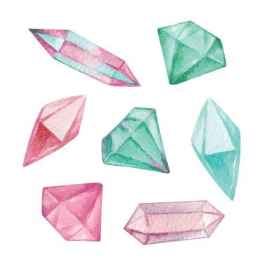 Pembe ve mavi kristallerle suluboya tırmanışı. Beyaz arkaplanda izole edilmiş çizgi film tarzında desen yapımı, ambalaj tasarımı ve tekstil için suluboya çizimi