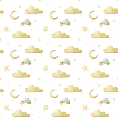 Bulutlar, ay ve beyaz arkaplanda kayan yıldızlı suluboya desenli kağıt ve tekstil için karikatür tarzı