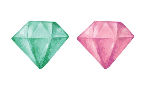 Clipart Aquarela Com Cristal Rosa Turquesa Isolado Fundo Branco Estilo — Fotografia de Stock
