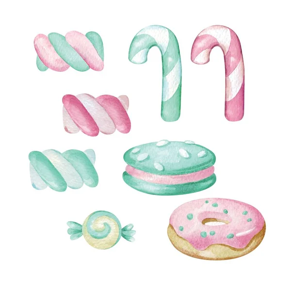 Akvarel Kliparty Sladkostmi Koblihy Marshmallow Cukrová Třtina Macaron Jídlo Ilustrace — Stock fotografie