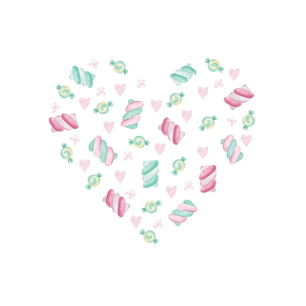 Composição Coração Marshmallows Flores Doces Corações Ilustração Bonito Aquarela Para — Fotografia de Stock