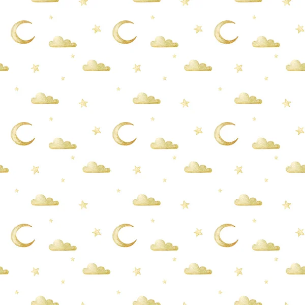 Watercolor Seamless Pattern Golden Clouds Moon Stars White Background Textile — Stock Photo, Image