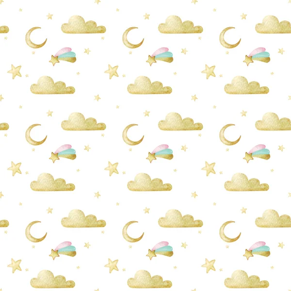 Patrón Sin Costuras Acuarela Con Nubes Luna Estrella Fugaz Sobre — Foto de Stock