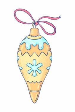 Yılbaşı ve Noel için pastel renkli buz sarkıtı şeklinde bir Noel oyuncağı tasviri. Şekiller ve kartpostallar için beyaz arkaplanda izole edilmiş çizgi film tarzında şirin illüstrasyon