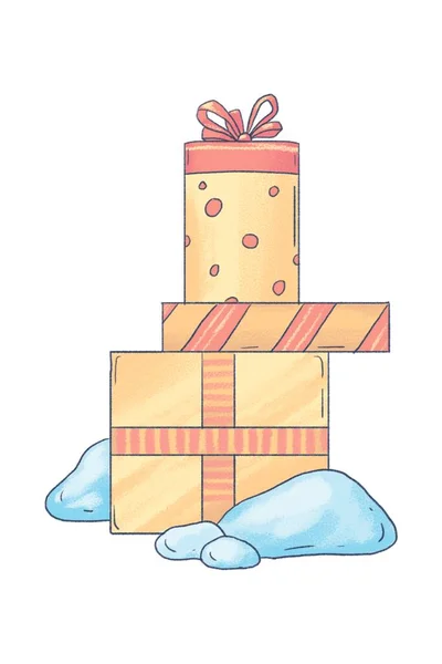 Ilustracja Prezentów Śniegu Nowy Rok Boże Narodzenie Cute Ilustracji Stylu — Zdjęcie stockowe