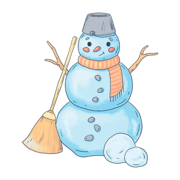 Illustratie Van Een Sneeuwpop Met Een Bezem Pastelkleuren Voor Het — Stockfoto