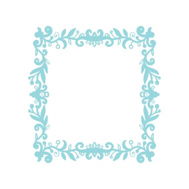 Çiçek süsüyle kare çerçeve şablonu. Üzerinde çiçekler ve yapraklar olan mavi bir çerçeve. Dekoratif botanik çizimi