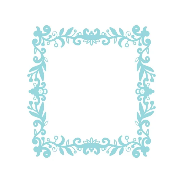 Square frame template with floral ornament. Blue frame with place for lettering with flowers and leaves. Decorative botanical illustration