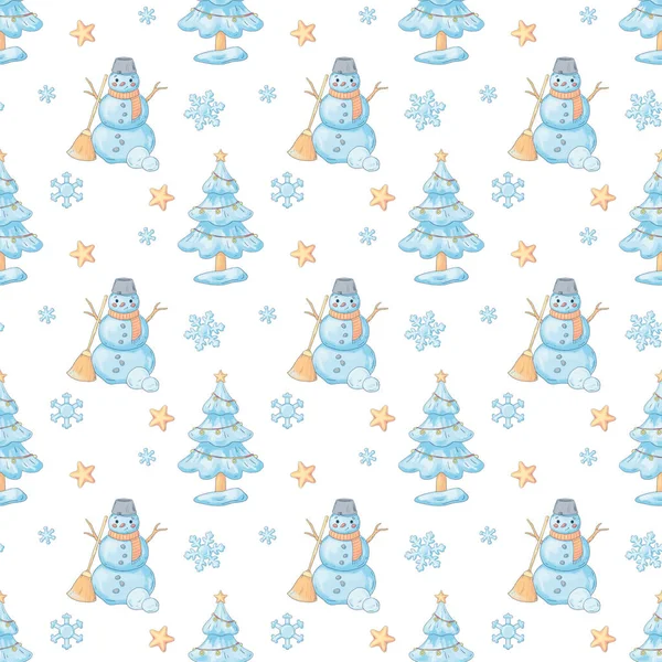 Seamless pattern with a snowman, Christmas tree and snowflakes, stars on a white background. Cute illustration for fabrics and wrapping paper in high quality in cartoon style