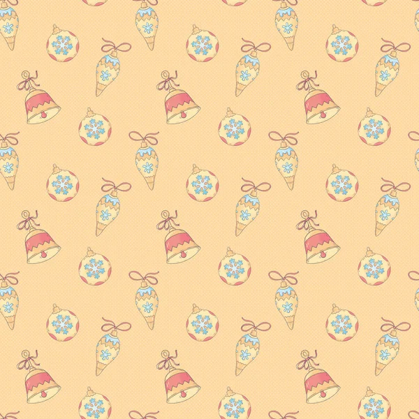 Seamless pattern with Christmas toys, balls, icicle, bell with ribbon. Cute illustration for fabrics and wrapping paper in high quality in cartoon style