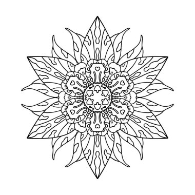 Mandala ile boyama kitabı. Dekoratif yaprakları, çiçekleri ve beyaz arkaplanı çizgi film tarzında siyah çizgileri olan mandala. Renklendirme ve dinlenme için dekoratif çizim