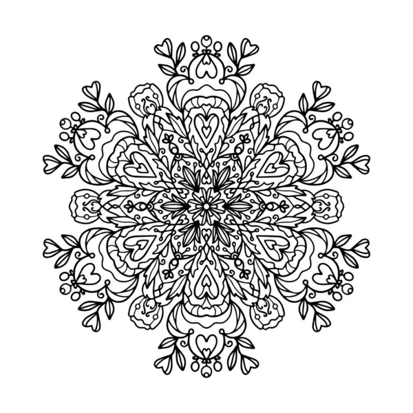 Раскраска Мандалой Мандала Декоративными Листьями Тычинками Цветами Черной Линией Белом — стоковый вектор