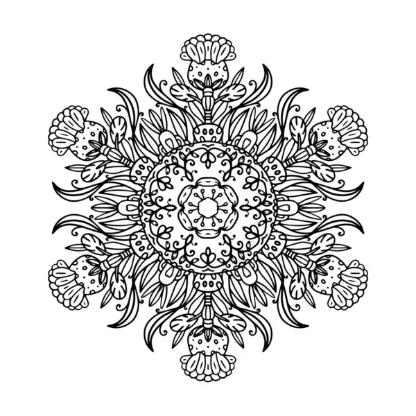 Раскраска Мандалой Мандала Декоративными Листьями Тычинками Цветами Черной Линией Белом — стоковый вектор