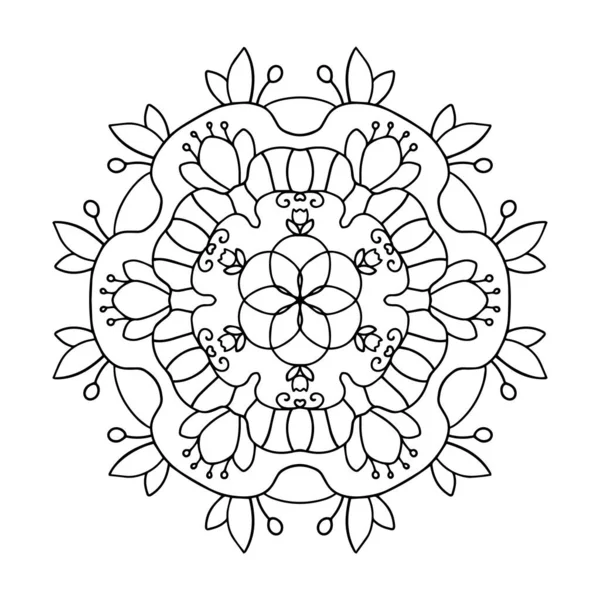 有花朵和叶子的矢量曼达拉 供成人和儿童使用的植物着色书 白色背景上的黑色图案 — 图库矢量图片