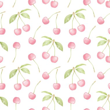 Beyaz arka planda pembe kirazlı, kusursuz suluboya desen. Tekstil ve ambalaj için çocukların çizimi
