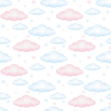 Tekstil ve ambalaj kağıdı için beyaz arka planda pastel gölgeli bulutlar ve yıldızlarla sulu boya deseni. Çocuk deseni
