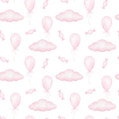 Tekstil ve ambalaj kağıtları için beyaz bir zemin üzerinde pembe balonlar, şekerler ve pastel tonlarda bulutlar olan sulu boya desenleri.