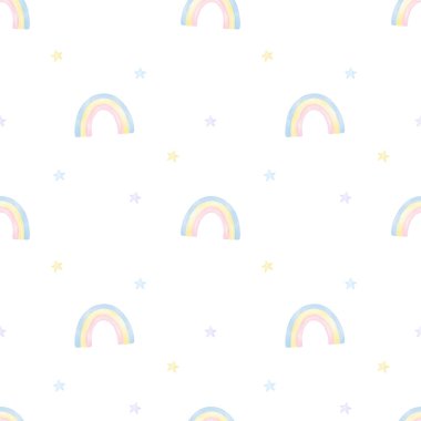 Tekstil ve ambalaj kağıtları için beyaz arka planda gökkuşağı ve pastel gölgeli yıldızlarla suluboya deseni