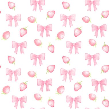 Beyaz arka planda pembe fiyonklu ve çilekli suluboya desenli. Tekstil ve ambalaj için çocukların çizimi