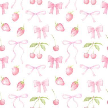 Beyaz arka planda pembe fiyonklu suluboya desenler, çilekler ve kirazlar. Çocuk tekstil ürünleri ve ambalaj kağıtları için pastel renklerde şirin illüstrasyon