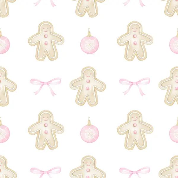 stock image Watercolor seamless pattern with gingerbread men, bows and Christmas tree balls on a white background. Cute Christmas illustration in pastel colors for textiles and wrapping paper