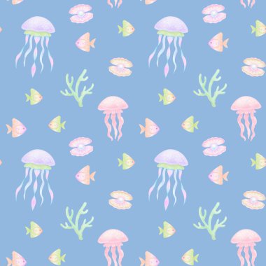 Mavi zemin üzerinde denizanası, balık, inci ve mercan bulunan dikişsiz suluboya deseni. Çocuk tekstil ürünleri ve ambalaj kağıtları için hoş bir illüstrasyon.
