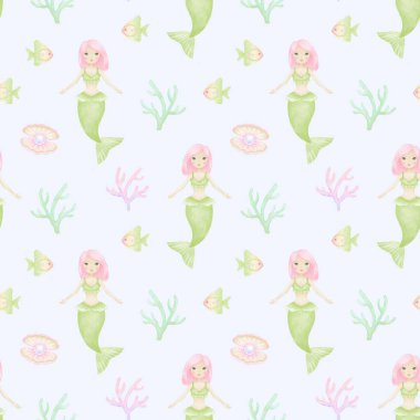 Yeşil denizkızları, mercanlar, incili deniz kabukları, mavi arka planda balıklar olan suluboya desenleri. Çocuk tekstil ürünleri ve ambalaj kağıtları için hoş bir illüstrasyon.