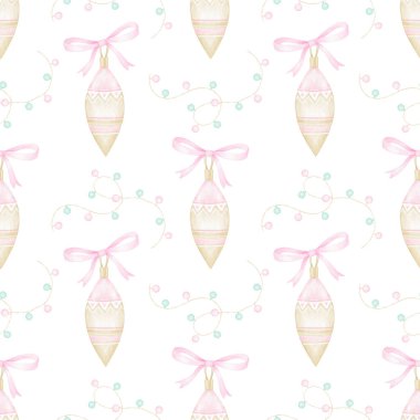 Beyaz arka planda Noel ağacı oyuncakları ve çelenklerle suluboya desenleri. Tekstil ve ambalaj kağıdı için hoş bir illüstrasyon