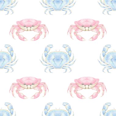 Beyaz arka planda mavi ve pembe yengeçli suluboya desenli. Tekstil ve ambalaj kağıdı için hoş bir illüstrasyon