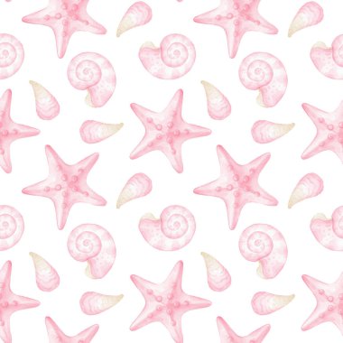 Pembe kabuklu suluboya deseni ve beyaz arka planda deniz yıldızı. Tekstil ve ambalaj kağıdı için hoş bir illüstrasyon