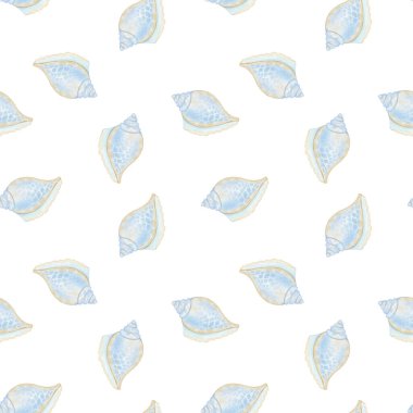 Beyaz zemin üzerinde mavi ve altın deniz kabukları olan dikişsiz suluboya deseni. Ambalaj kağıdı ve tekstil için sevimli illüstrasyon