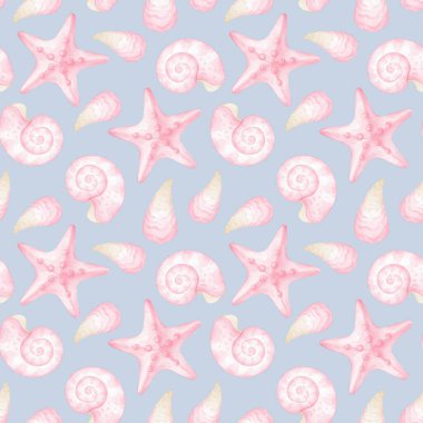 Pembe denizyıldızı ve gri arka planda kabukları olan suluboya desenli. Ambalaj kağıdı ve tekstil için sevimli illüstrasyon