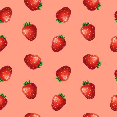 Parlak çilekler. Tekstil ve ambalaj kağıdı için kırmızı zemin üzerinde şirin, pürüzsüz desen