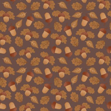 Meşe yaprağı ve meşe palamudu. Tekstil ve ambalaj kağıdı için kahverengi arka planda şirin, pürüzsüz desen