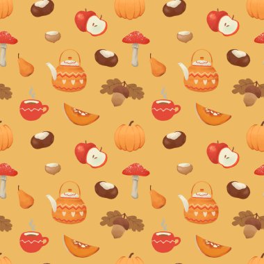Sonbahar yaprakları, fincanlar, balkabakları, meşe palamutları, mantarlar. Çocuk tekstil ürünleri ve ambalaj kağıtları için turuncu arka planda şirin, pürüzsüz desen.