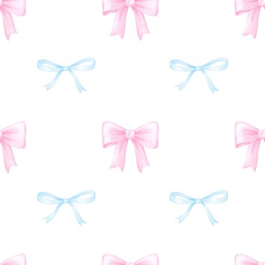 Şenlikli pembe ve mavi fiyonklar. Çocuk tekstil ürünleri ve ambalaj kağıdı için beyaz arkaplanda suluboya desensiz desen