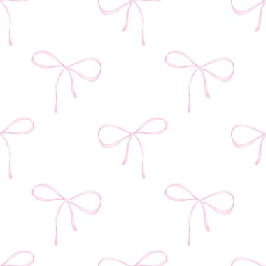 Saten kurdeleden yapılmış şirin pembe kurdeleler. Çocuk tekstil ürünleri ve ambalaj kağıdı için beyaz arkaplanda suluboya desensiz desen