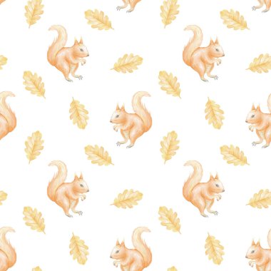 Sincaplar ve sarı meşe yaprakları. Çocuk tekstil ürünleri ve ambalaj kağıtları için beyaz arka planda suluboya desenleri var. Şirin sonbahar çizimi