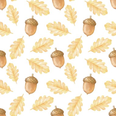 Meşe palamudu ve meşe yaprağı. Tekstil ve ambalaj kağıdı için beyaz zemin üzerinde suluboya desensiz desen. Pastel renklerle sevimli illüstrasyon