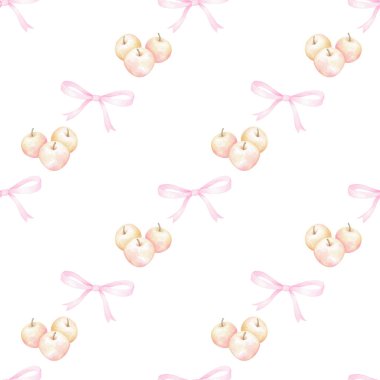 Elmalar ve pembe fiyonklar. Beyaz arka planda tekstil ve ambalaj kağıdı için kusursuz suluboya deseni. Şirin sonbahar çizimi