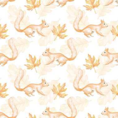 Sincaplar, akçaağaç yaprakları, meşe yaprakları. Tekstil ve ambalaj kağıdı için beyaz zemin üzerinde suluboya desensiz desen. Şirin sonbahar çizimi