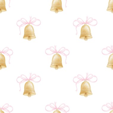 Çanlar. Tekstil ve ambalaj kağıdı için beyaz zemin üzerinde suluboya desensiz desen. Pastel renklerle şirin Noel çizimleri