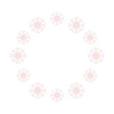 Kar taneleri. Tekstil ve ambalaj kağıdı için beyaz arka planda yuvarlak çerçeve. Tatlı suluboya Noel çizimi