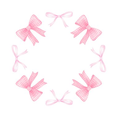 Damalı pembe kurdeleler. Tekstil ve ambalaj kağıdı için beyaz zemin üzerine suluboya yuvarlak çerçeve. Pastel renklerle sevimli çocukların çizimi