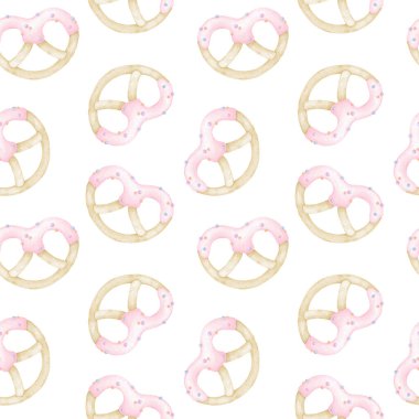 Pembe kremalı ve şekerli kurabiyeler. Tekstil ve ambalaj kağıtları için pastel renklerde beyaz arkaplanda suluboya desensiz desen. Sevgililer Günü için güzel bir illüstrasyon.