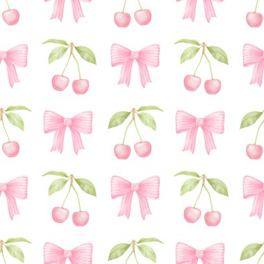 Yapraklı ve pembe fiyonklu kiraz. Tekstil ve ambalaj kağıdı için pastel renklerde beyaz zemin üzerinde suluboya desensiz desen. Sevimli çocukların çizimleri.