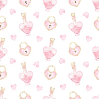 Aşk iksiri, kilit, kalpler. Tekstil ve ambalaj kağıdı için pastel renklerde beyaz zemin üzerinde suluboya desensiz desen. Çizgi film tarzında sevgililer günü için hoş bir illüstrasyon.