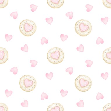 Round cookies and hearts. Watercolor seamless pattern on white background in pastel colors for textile and wrapping paper. Cute illustration of sweets in cartoon style clipart